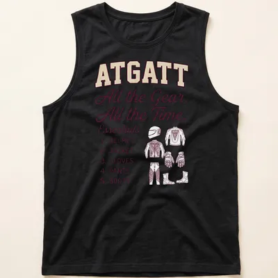 Bold motorcycle safety gear t-shirt featuring essential equipment list — printed on a tank top
