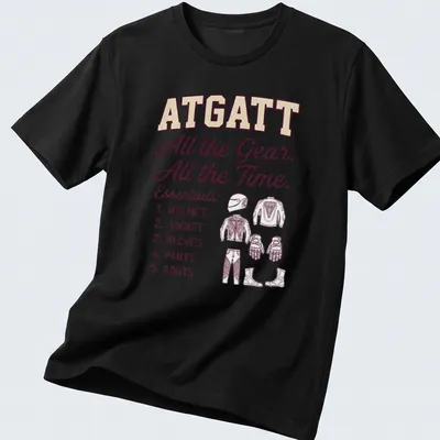 Bold motorcycle safety gear t-shirt featuring essential equipment list