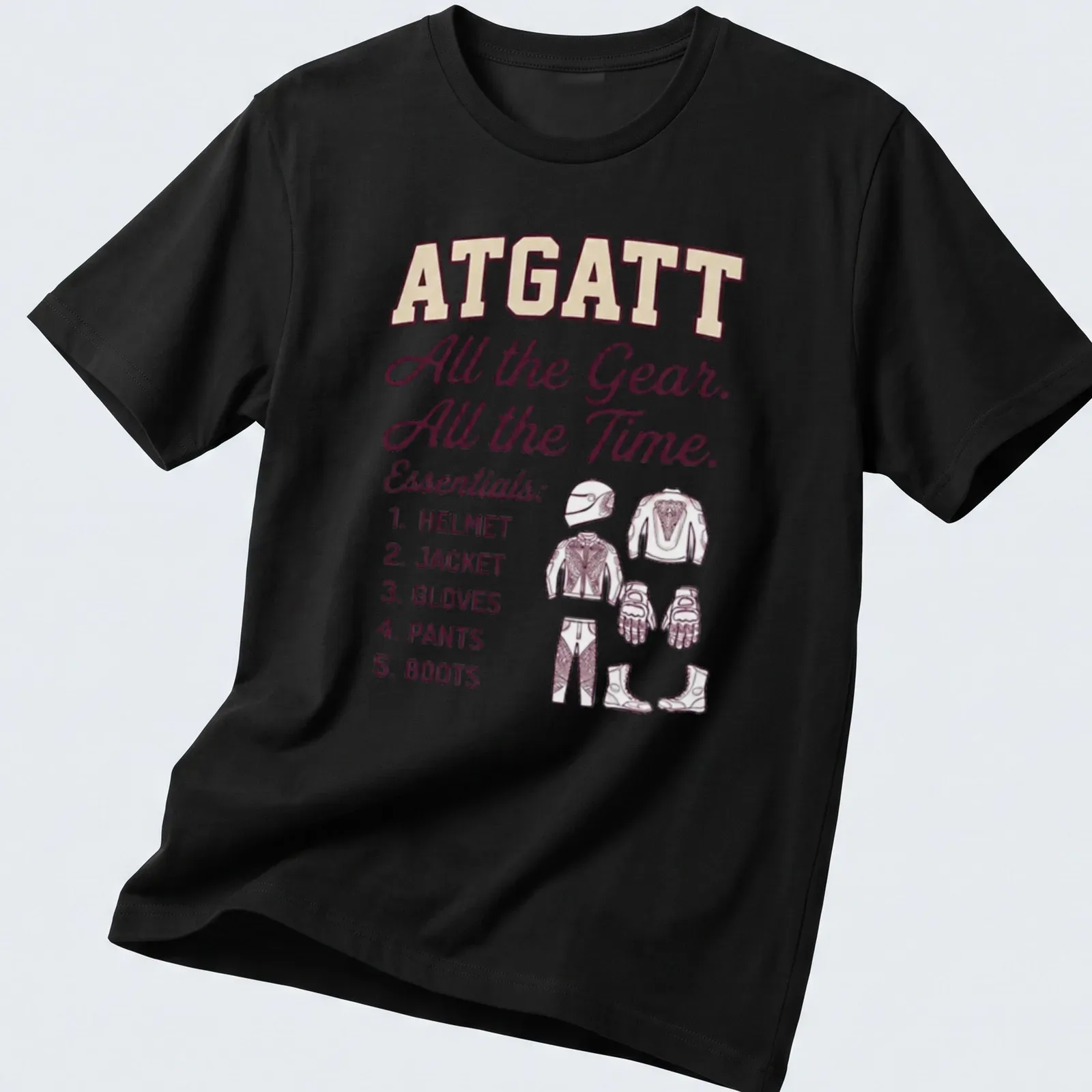 Bold motorcycle safety gear t-shirt featuring essential equipment list — printed on a unisex t-shirt