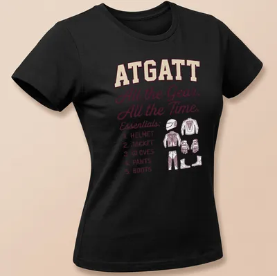 Bold motorcycle safety gear t-shirt featuring essential equipment list — printed on a women's shirt