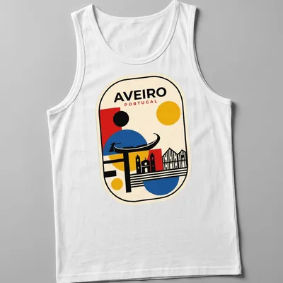 Geometric skyline of Aveiro, Portugal with bold text above in red, blue, yellow, black, and cream. — printed on a tank top