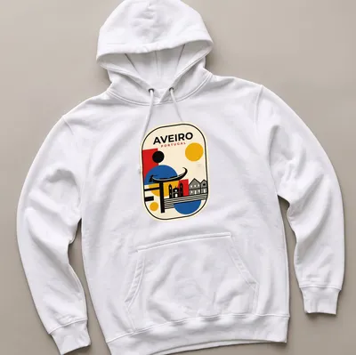 Geometric skyline of Aveiro, Portugal with bold text above in red, blue, yellow, black, and cream. — printed on a unisex hoodie