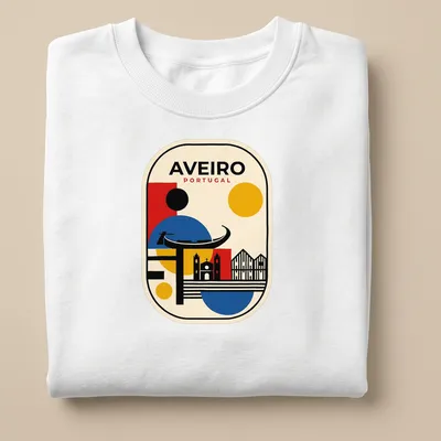 Geometric skyline of Aveiro, Portugal with bold text above in red, blue, yellow, black, and cream. — printed on a unisex sweatshirt