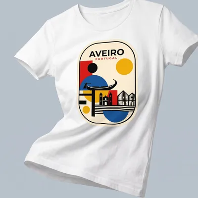Geometric skyline of Aveiro, Portugal with bold text above in red, blue, yellow, black, and cream. — printed on a women's shirt