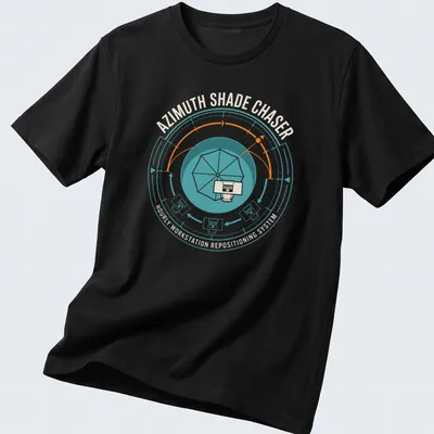 Graphic T-shirt featuring beach umbrella and humorous workstation text