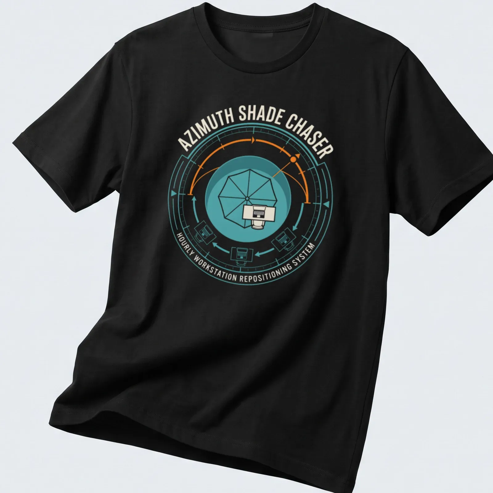 Graphic T-shirt featuring beach umbrella and humorous workstation text — printed on a unisex t-shirt