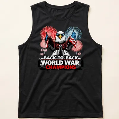 Bald eagle on tank with text about world war champions in red, white, and blue — printed on a tank top