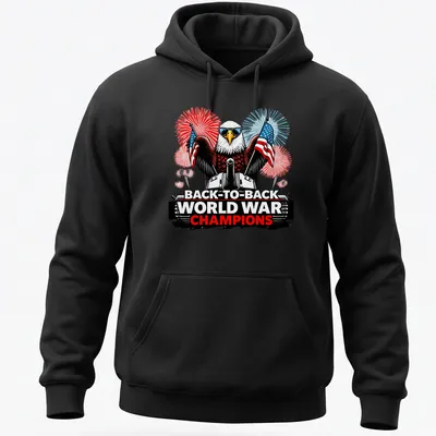 Bald eagle on tank with text about world war champions in red, white, and blue — printed on a unisex hoodie