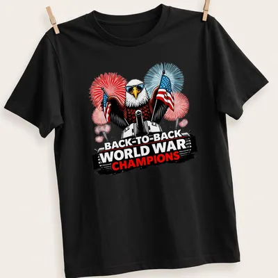 Bald eagle on tank with text about world war champions in red, white, and blue — printed on a unisex t-shirt