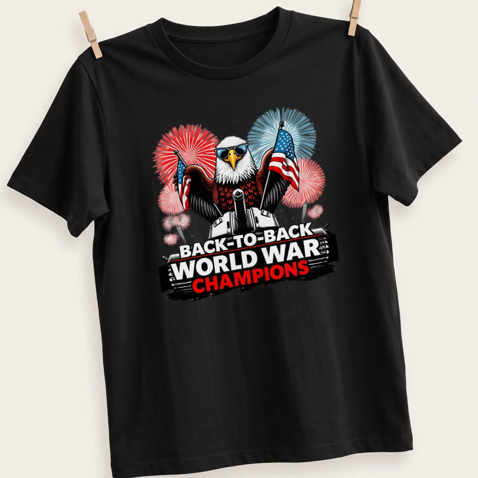 Bald eagle on tank with text about world war champions in red, white, and blue — printed on a unisex t-shirt