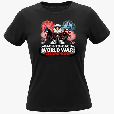 Bald eagle on tank with text about world war champions in red, white, and blue — printed on a women's shirt