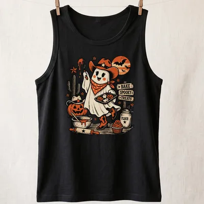 Cute vintage cowgirl ghost graphic with spooky baking theme in Halloween colors — printed on a tank top