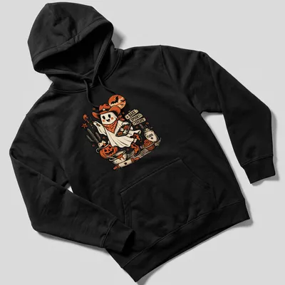 Cute vintage cowgirl ghost graphic with spooky baking theme in Halloween colors — printed on a unisex hoodie