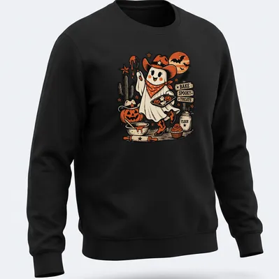 Cute vintage cowgirl ghost graphic with spooky baking theme in Halloween colors — printed on a unisex sweatshirt