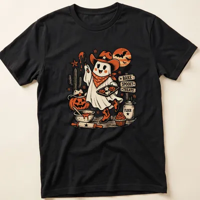 Cute vintage cowgirl ghost graphic with spooky baking theme in Halloween colors