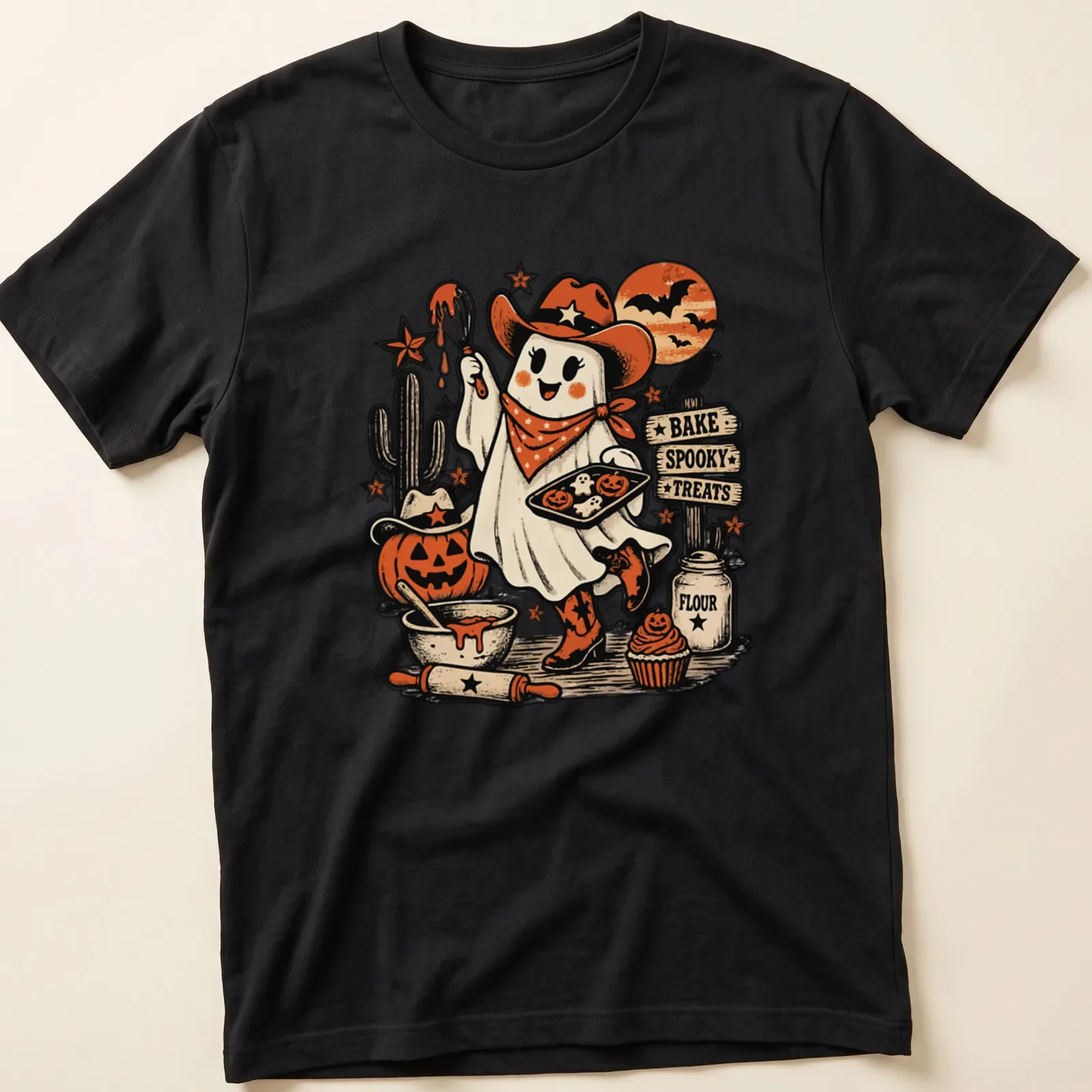 Cute vintage cowgirl ghost graphic with spooky baking theme in Halloween colors — printed on a unisex t-shirt