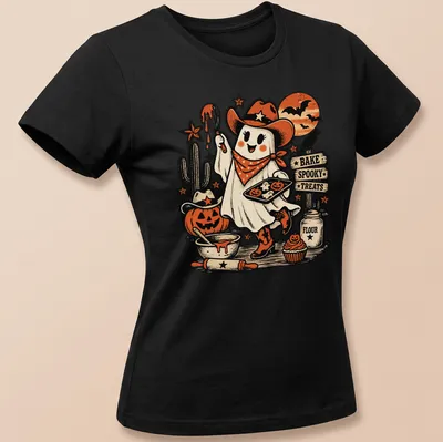 Cute vintage cowgirl ghost graphic with spooky baking theme in Halloween colors — printed on a women's shirt