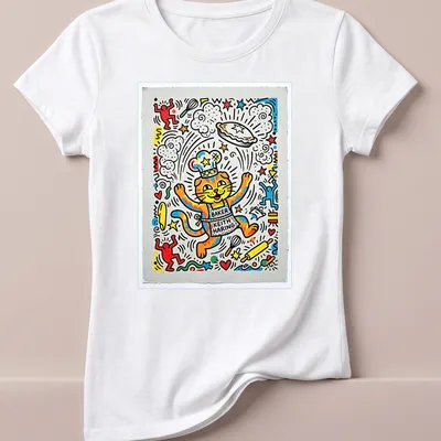 Colorful pop art Scottish Fold cat design with playful text. — printed on a women's shirt
