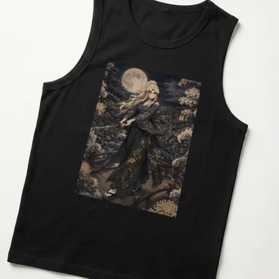 Anime-style T-shirt featuring a samurai in a garden with the word 'Balalaika' — printed on a tank top