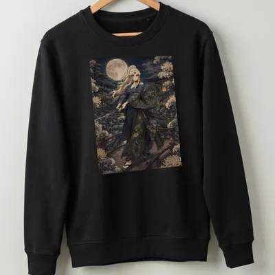 Anime-style T-shirt featuring a samurai in a garden with the word 'Balalaika' — printed on a unisex sweatshirt