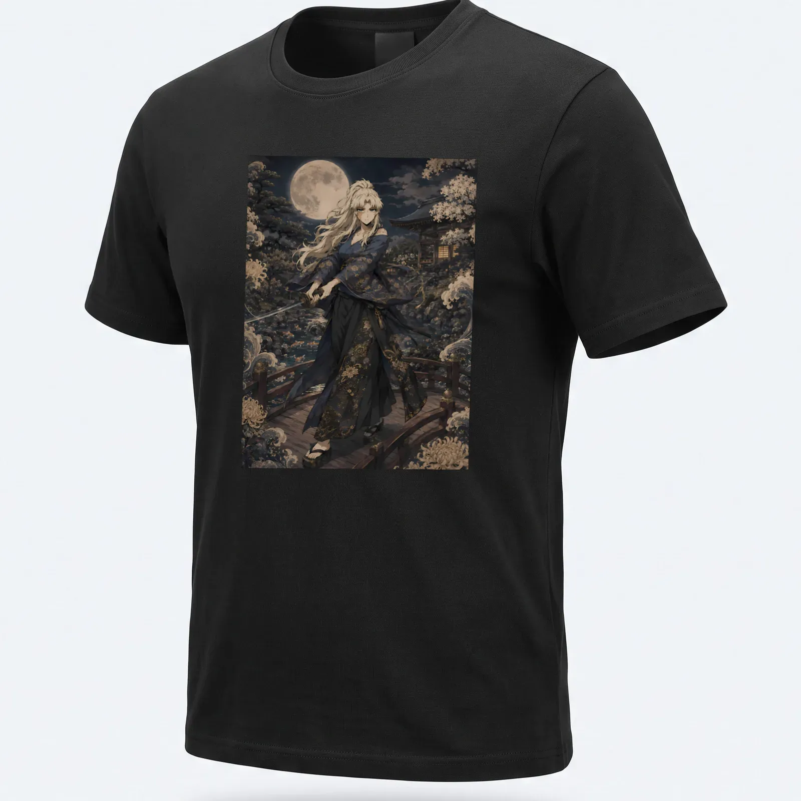 Anime-style T-shirt featuring a samurai in a garden with the word 'Balalaika' — printed on a unisex t-shirt