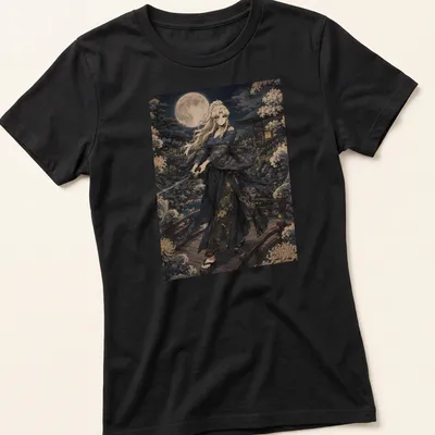 Anime-style T-shirt featuring a samurai in a garden with the word 'Balalaika' — printed on a women's shirt