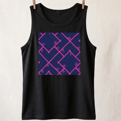 Chinoiserie style bamboo lattice pattern in navy and hot pink — printed on a tank top