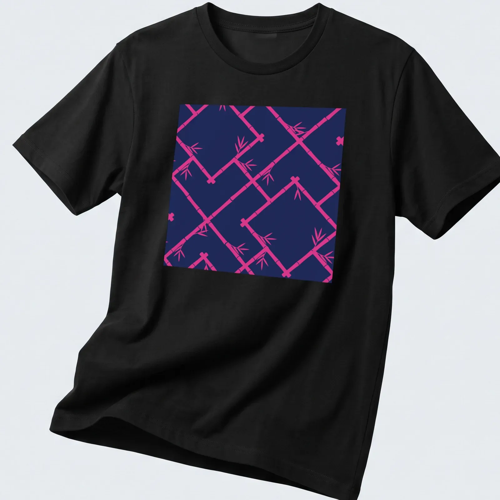 Chinoiserie style bamboo lattice pattern in navy and hot pink — printed on a unisex t-shirt