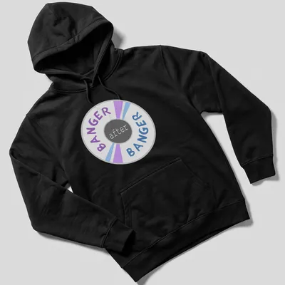 Colorful circle design with 'BANGER after BANGER' text in modern graphic style. — printed on a unisex hoodie