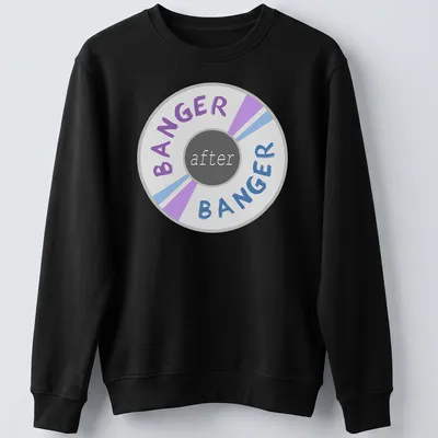 Colorful circle design with 'BANGER after BANGER' text in modern graphic style. — printed on a unisex sweatshirt