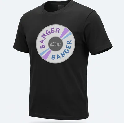 Colorful circle design with 'BANGER after BANGER' text in modern graphic style.