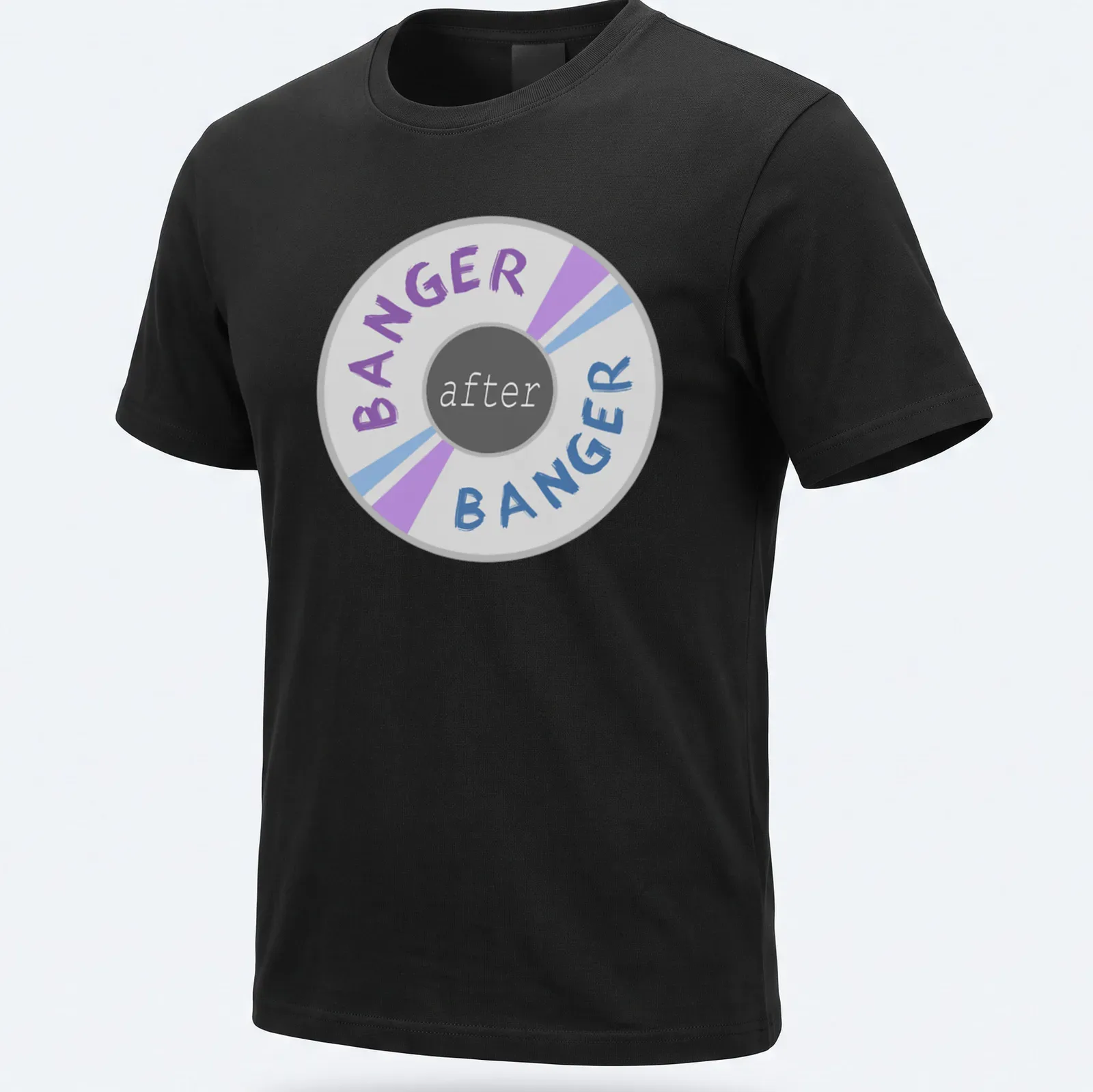 Colorful circle design with 'BANGER after BANGER' text in modern graphic style. — printed on a unisex t-shirt