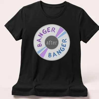 Colorful circle design with 'BANGER after BANGER' text in modern graphic style. — printed on a women's shirt