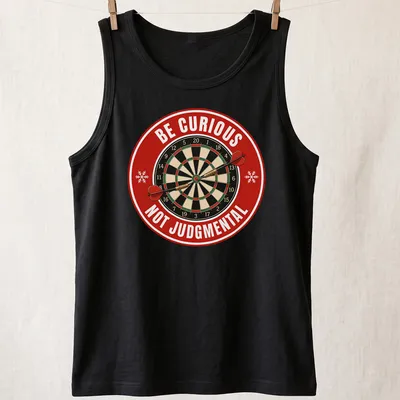 Vintage dartboard graphic with text 'Be Curious Not Judgmental' in festive colors. — printed on a tank top