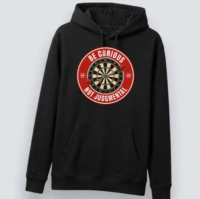 Vintage dartboard graphic with text 'Be Curious Not Judgmental' in festive colors. — printed on a unisex hoodie