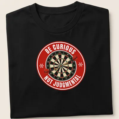 Vintage dartboard graphic with text 'Be Curious Not Judgmental' in festive colors. — printed on a unisex t-shirt