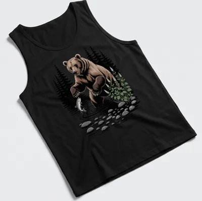 Illustration of a bear fishing in a river with a forest background — printed on a tank top