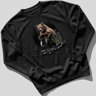 Illustration of a bear fishing in a river with a forest background — printed on a unisex sweatshirt