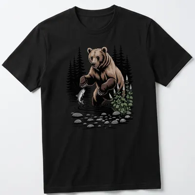 Illustration of a bear fishing in a river with a forest background