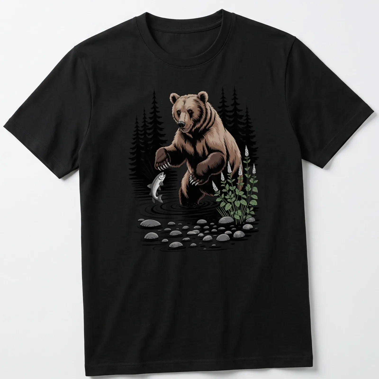 Illustration of a bear fishing in a river with a forest background — printed on a unisex t-shirt