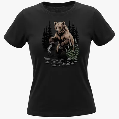 Illustration of a bear fishing in a river with a forest background — printed on a women's shirt
