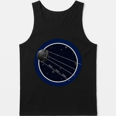 Space-themed t-shirt featuring Sputnik 2 satellite with beep sounds printed — printed on a tank top