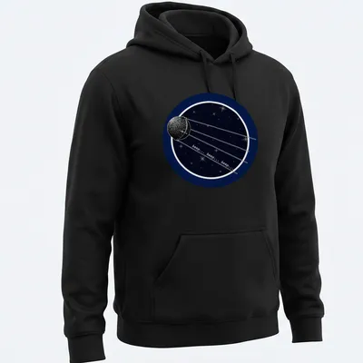 Space-themed t-shirt featuring Sputnik 2 satellite with beep sounds printed — printed on a unisex hoodie
