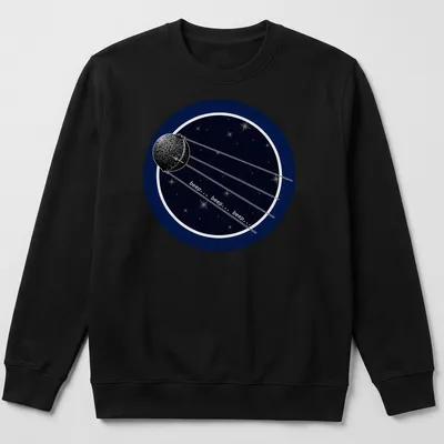 Space-themed t-shirt featuring Sputnik 2 satellite with beep sounds printed — printed on a unisex sweatshirt