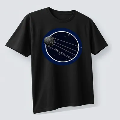 Space-themed t-shirt featuring Sputnik 2 satellite with beep sounds printed — printed on a unisex t-shirt (angled view)