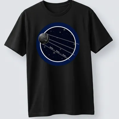 Space-themed t-shirt featuring Sputnik 2 satellite with beep sounds printed