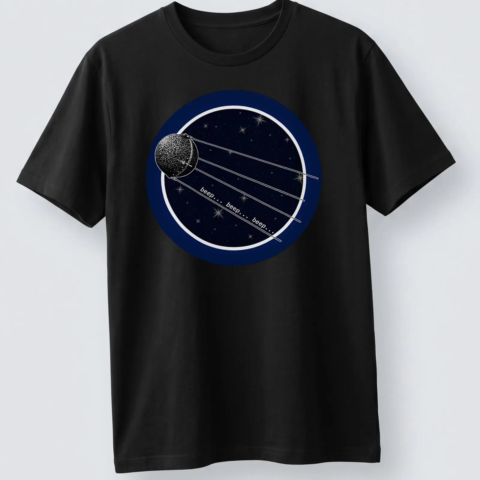 Space-themed t-shirt featuring Sputnik 2 satellite with beep sounds printed — printed on a unisex t-shirt