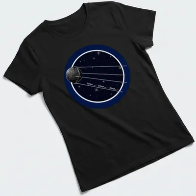 Space-themed t-shirt featuring Sputnik 2 satellite with beep sounds printed — printed on a women's shirt
