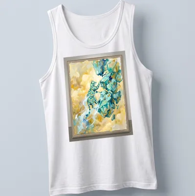Abstract watercolor print of a Bengal cat climbing over rocks in turquoise and yellow — printed on a tank top