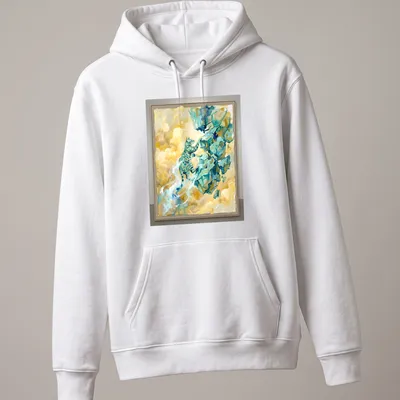 Abstract watercolor print of a Bengal cat climbing over rocks in turquoise and yellow — printed on a unisex hoodie